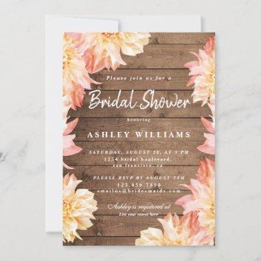 Floral Peach Dahlia Rustic Wood Bridal Shower Invitations