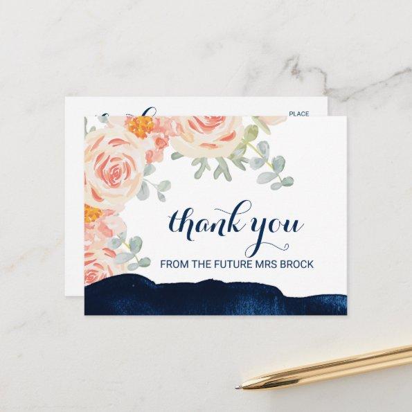 Floral Peach Pink and Navy Watercolor Thank You PostInvitations