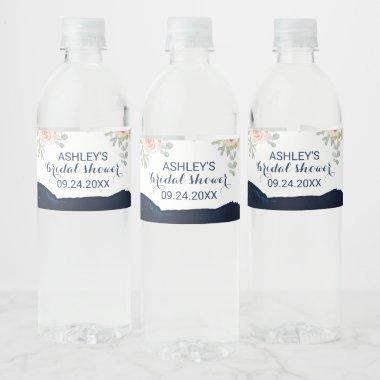 Floral Peach Pink & Navy Watercolor Bridal Shower Water Bottle Label