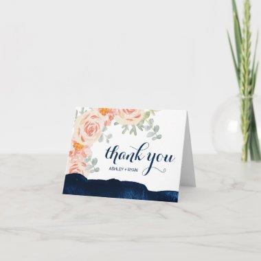 Floral Peach Pink & Navy Watercolor Thank You Invitations