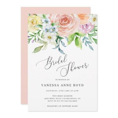 Floral Peach Watercolor Flowers Bridal Shower Invitations