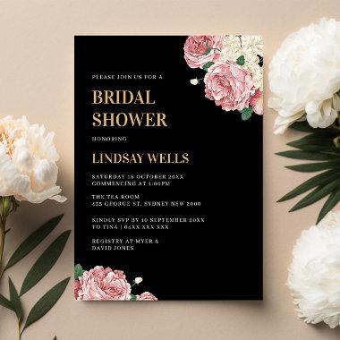 Floral Peonies and Roses on Black Bridal Shower Invitations