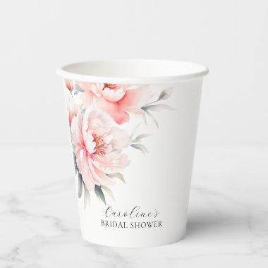 Floral Peonies Blush Pink BRIDAL SHOWER Paper Cups