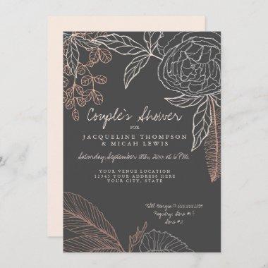 Floral Peony Leaf Line Art Charcoal Couples Shower Invitations