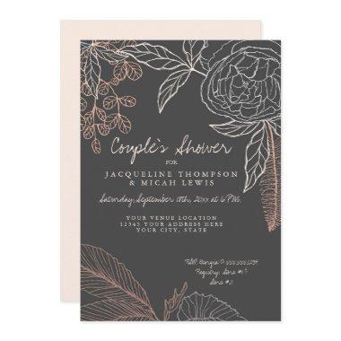 Floral Peony Leaf Line Art Charcoal Couples Shower