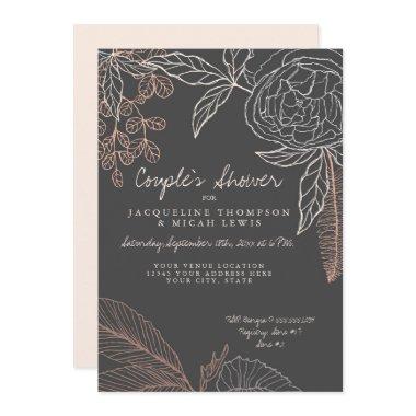 Floral Peony Leaf Line Art Charcoal Couples Shower Invitations