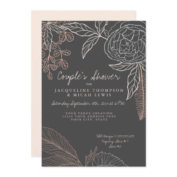 Floral Peony Leaf Line Art Charcoal Couples Shower