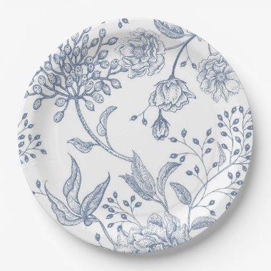 Floral Periwinkle Blue Elegant Wedding Shower Paper Plates