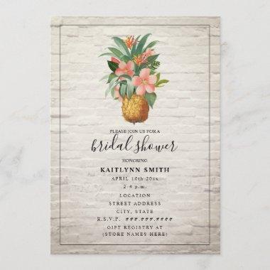 Floral Pineapple Brick Tropical Bridal Shower Invitations