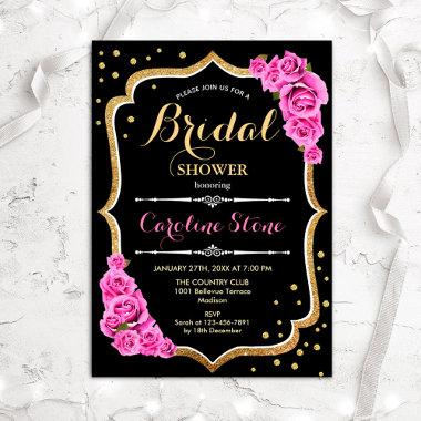 Floral Pink Black Gold Bridal Shower Invitations