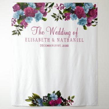 Floral pink blue chic wedding photo booth backdrop