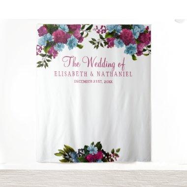 Floral pink blue chic wedding photo booth backdrop