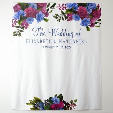 Floral pink blue wedding photo booth backdrop