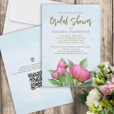 Floral Pink Botanical Elegant Peonies QR Code Invitations