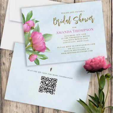 Floral Pink Botanical Elegant Peonies QR Code Invitations