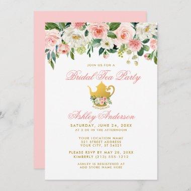 Floral Pink Bridal Shower Tea Party Gold Invite