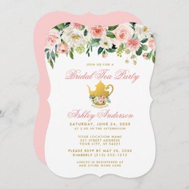 Floral Pink Bridal Shower Tea Party Invite Gold