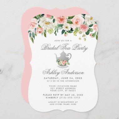 Floral Pink Bridal Shower Tea Party Silver Invite