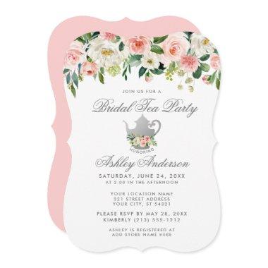 Floral Pink Bridal Shower Tea Party Silver Invite