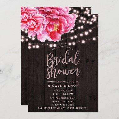 Floral Pink Brown Rustic Wood Lights Bridal Shower Invitations