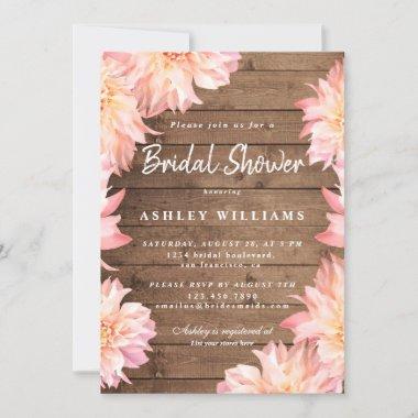 Floral Pink Dahlia Rustic Wood Bridal Shower Invitations