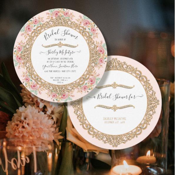 Floral Pink Foliage Gold Elegant Bridal Shower Invitations