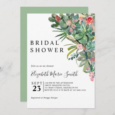 Floral Pink Green Cactus Succulent Bridal Shower Invitations