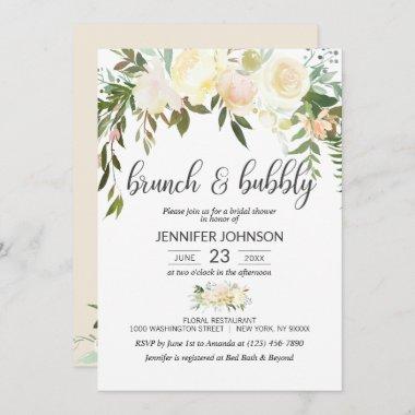Floral Pink Ivory Brunch & Bubbly Bridal Shower Invitations