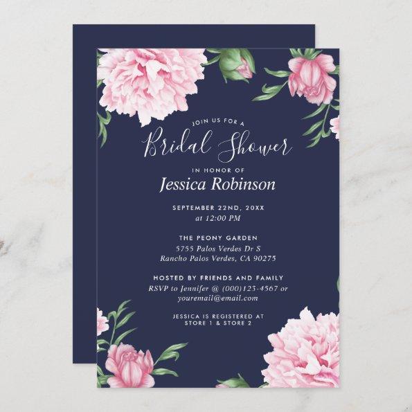 Floral Pink Peony Navy Background Bridal Shower Invitations