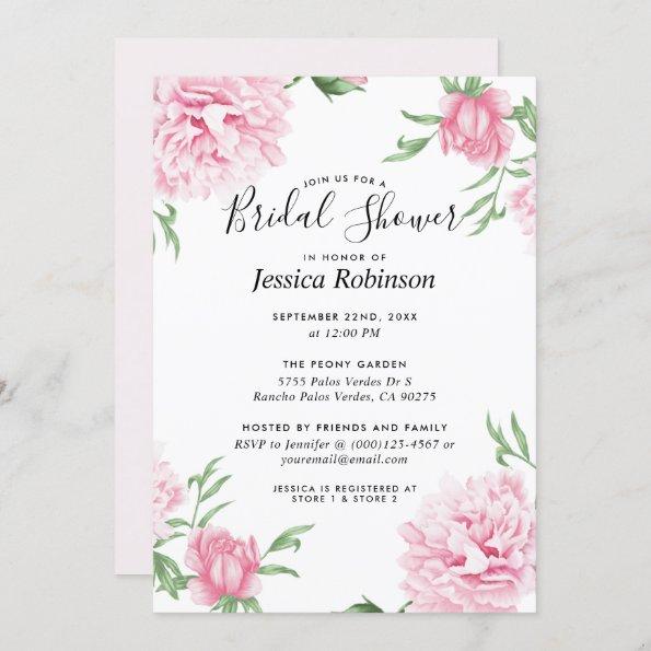 Floral Pink Peony White Background Bridal Shower Invitations