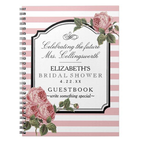 Floral Pink Stripes Girly Bridal Shower Guestbook Notebook