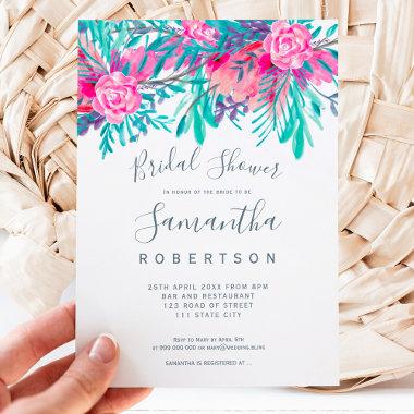 Floral pink teal watercolor chic bridal shower Invitations