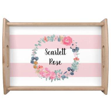 Floral Pink Watercolor Wreath Personalized Names Serving Tray