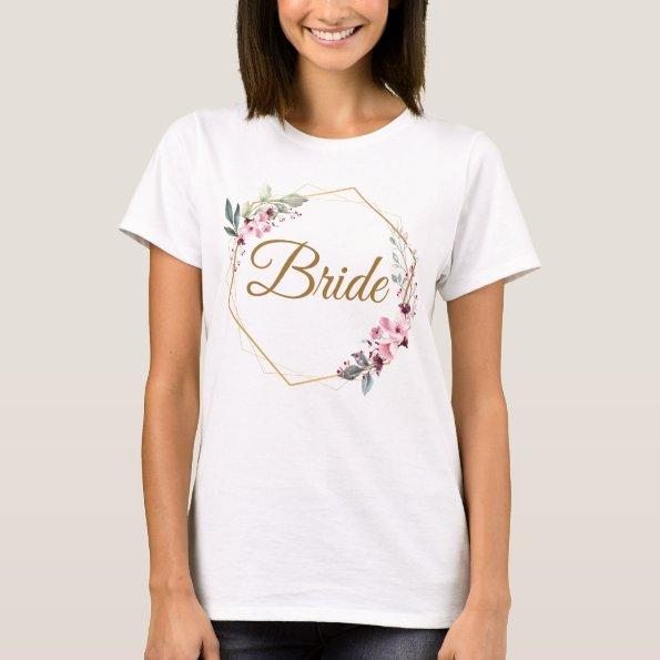 Floral Polygon Bride Leaf Aesthetic Gold & Pink T-Shirt