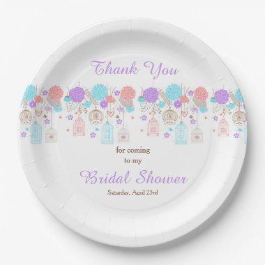 Floral Purple & Blue Bird Cages Bridal Shower Paper Plates