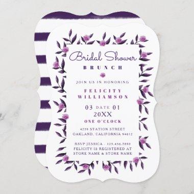 Floral Purple Botanical Stripe Bridal Shower Invitations