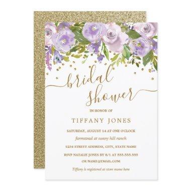 Floral Purple Gold Confetti Bridal Shower Invitations