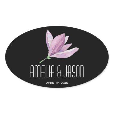 Floral Purple Magnolia on Black Wedding Oval Sticker