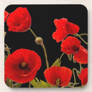 Floral Red Poppy Flowers Black Background Spring Beverage Coaster