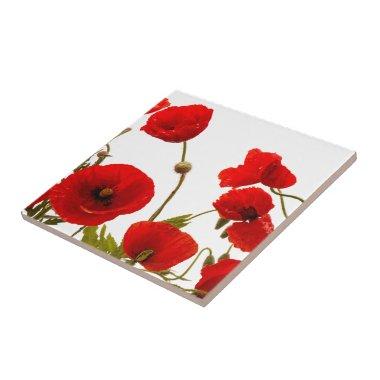 Floral Red Poppy Flowers White Background Colorful Ceramic Tile
