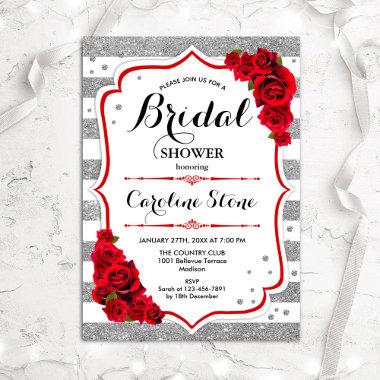 Floral Red Silver Stripes Bridal Shower Invitations