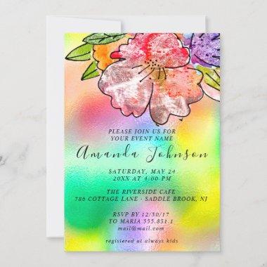 Floral Rose Bridal Shower Birthday Holograph Invitations