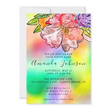 Floral Rose Bridal Shower Birthday Holograph Invitations