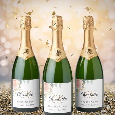 Floral rose gold monogram bridal shower sparkling wine label