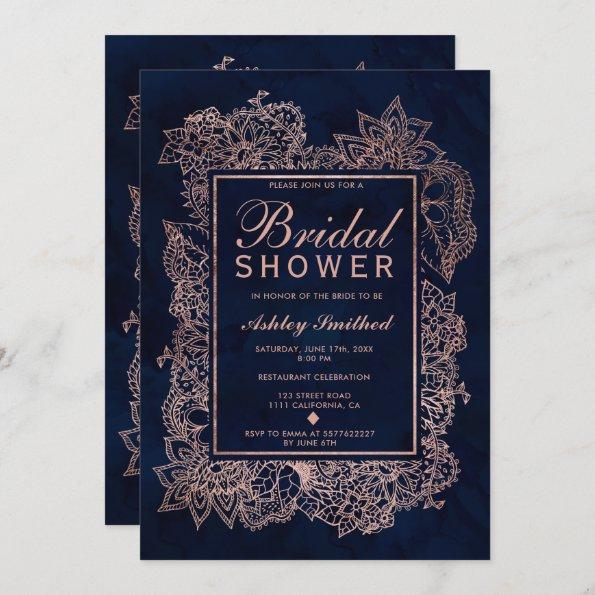 Floral rose gold navy watercolor bridal shower Invitations