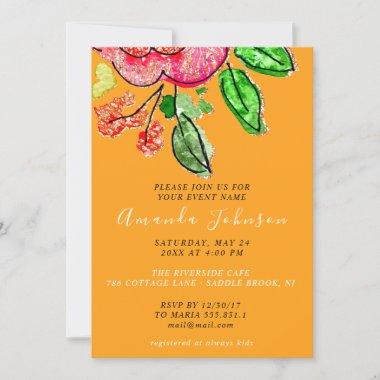 Floral Rose Orange Bridal Shower Sweet 16th  Invitations