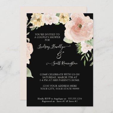 Floral Rose Pink Yellow Watercolor Couples Shower Invitations