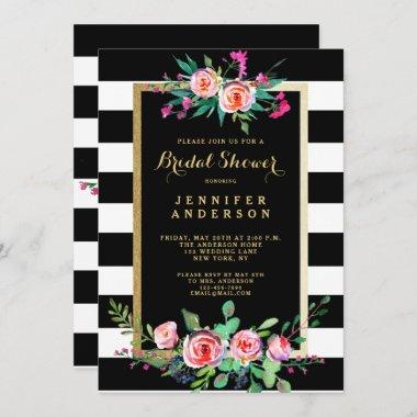 Floral Roses Gold Black Stripes Bridal Shower Invitations