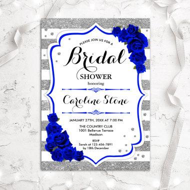 Floral Royal Blue Silver Stripes Bridal Shower Invitations