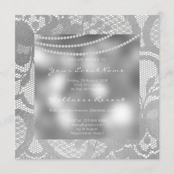 Floral Royal Silver Glass Gray Lace Bridal Shower Invitations